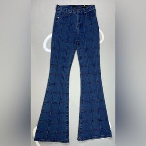 Fashion Nova Grid Square High Rise Flare Denim Jeans Women Size 9 Blue NWT